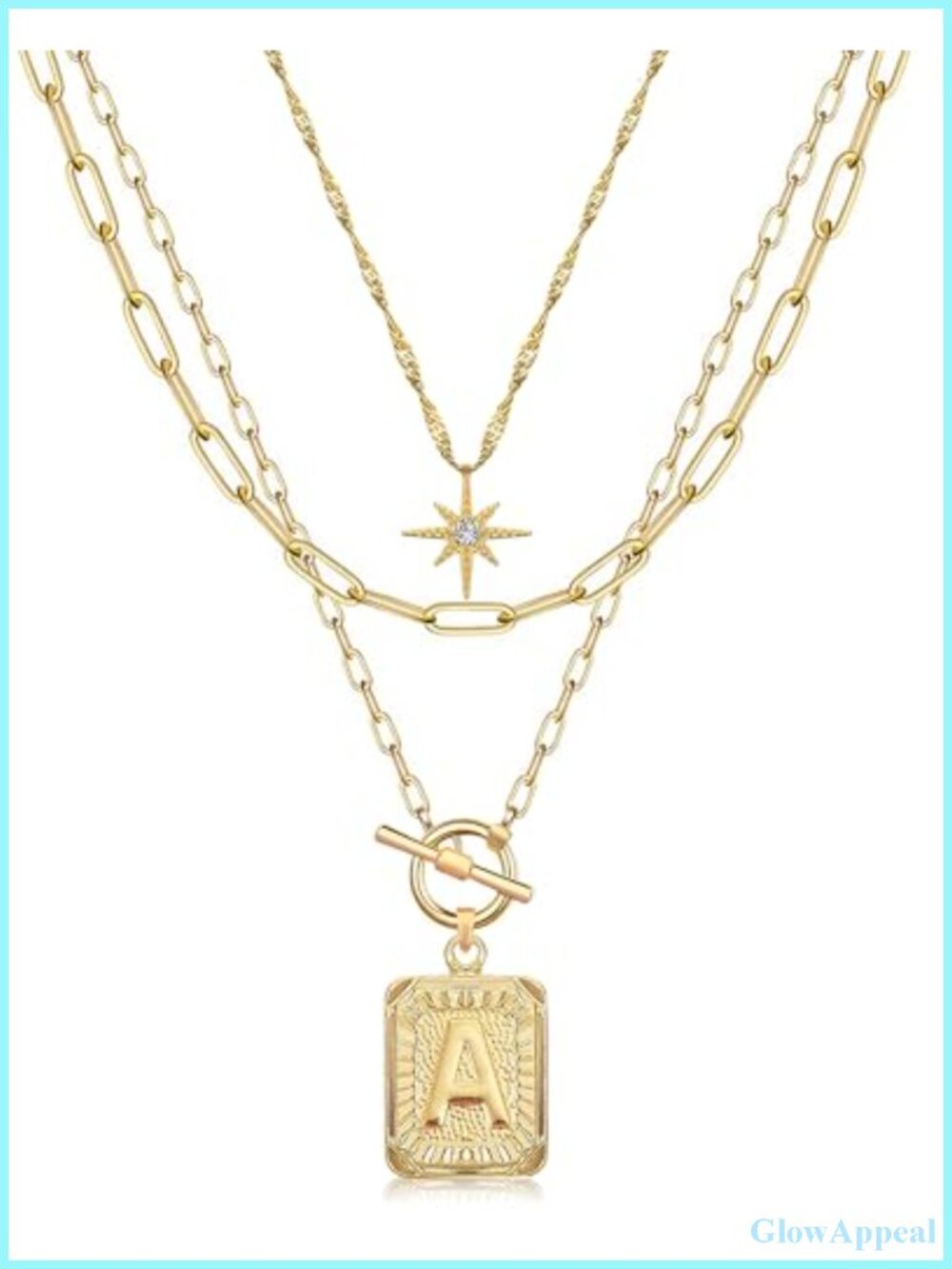 Layered Initial Necklace Brass 14K Gold Plated Paperclip Chain 3 Piece Set Women